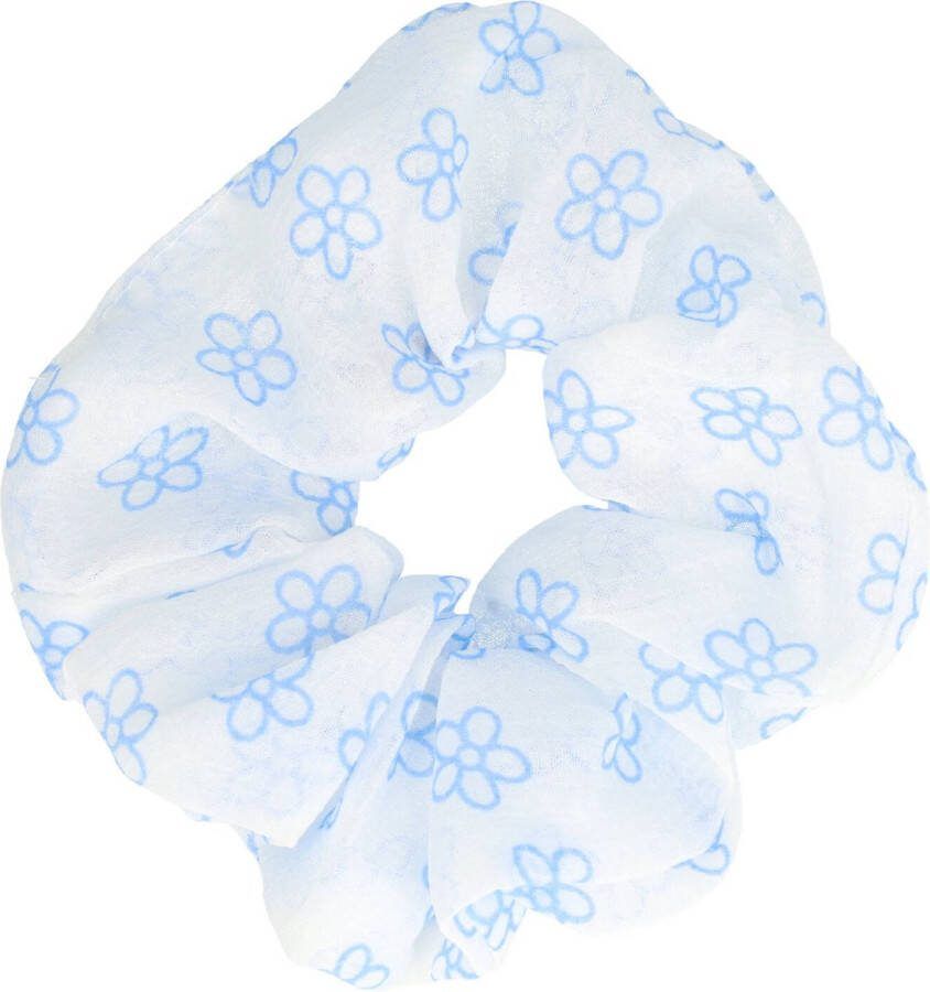 Haarsoires Scrunchie Bloemen Print Voile Stof Wit Blauw Haar Elastiek