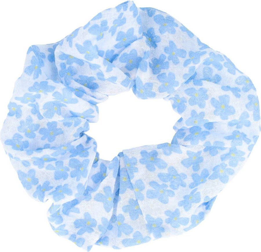 Haarsoires Scrunchie Bloemen Print Voile Stof Wit Geel Blauw Haar Elastiek