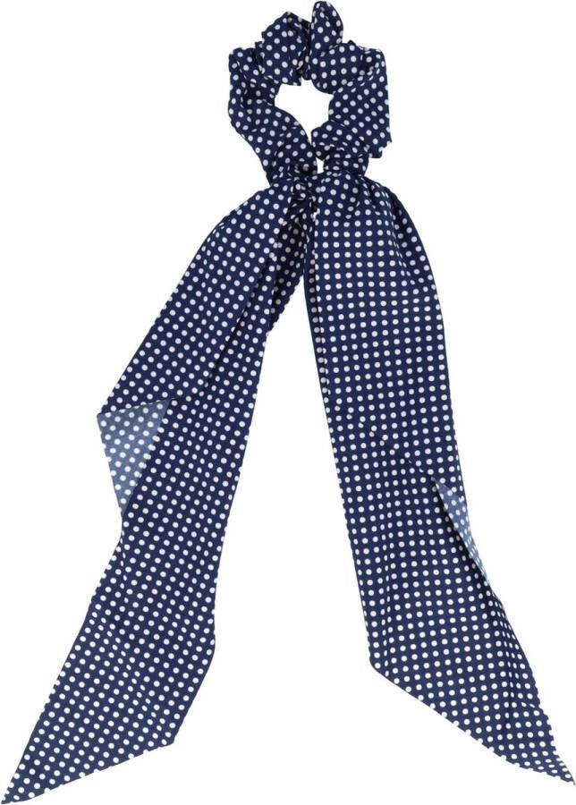 Haarsoires Scrunchie Haarelastiek Haar Elastiek Krinkel Linten Stippen Print Wit Donker Blauw Dot Patroon