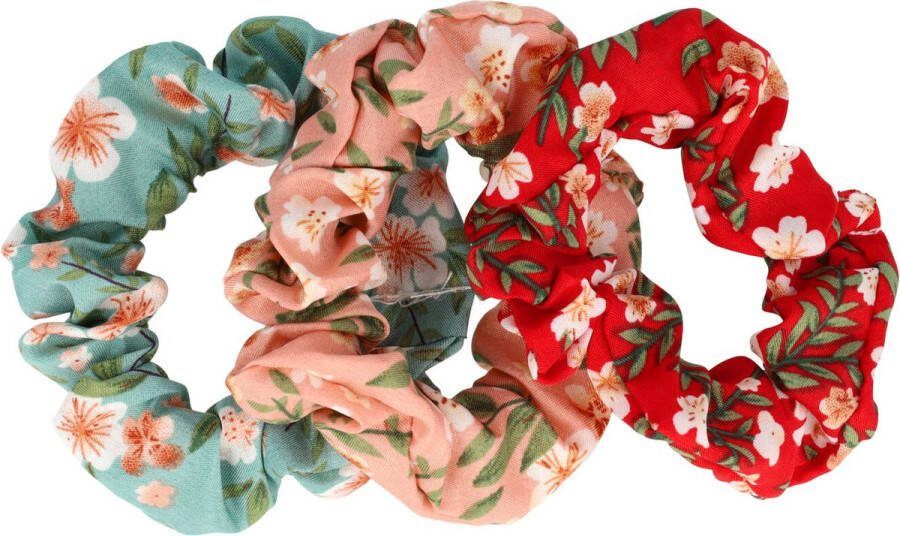 Haarsoires Scrunchie Haarelastiek Krinkel Haar Elastiek Bloemen Patroon Roze Blauw Rood 3 Stuks