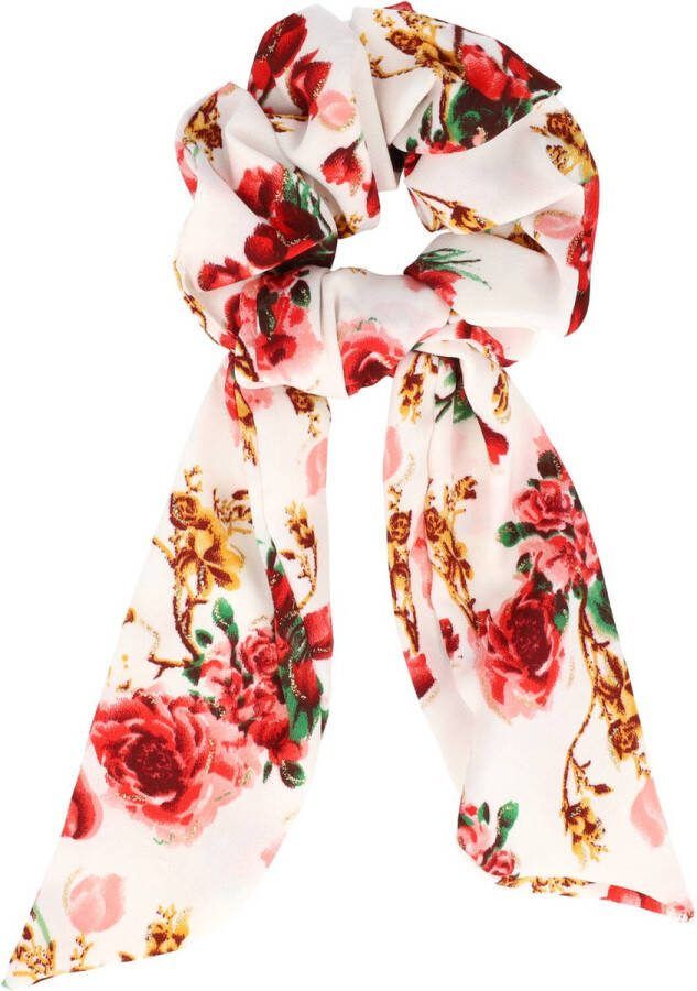 Haarsoires Scrunchie Haarelastiek Linten Roos Bloemen Glitter Print Roze Rood Wit Haar Elastiek Krinkel