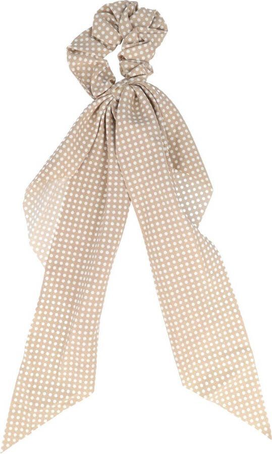 Haarsoires Scrunchie Haarelastiek Linten Stippen Print Wit Beige Haar Krinkel Elastiek Dot Patroon
