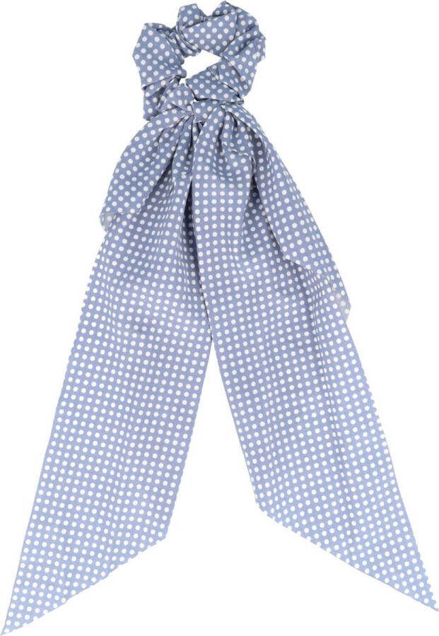Haarsoires Scrunchie Haarelastiek Linten Stippen Print Wit Blauw Haar Elastiek Krinkel Strik Dot