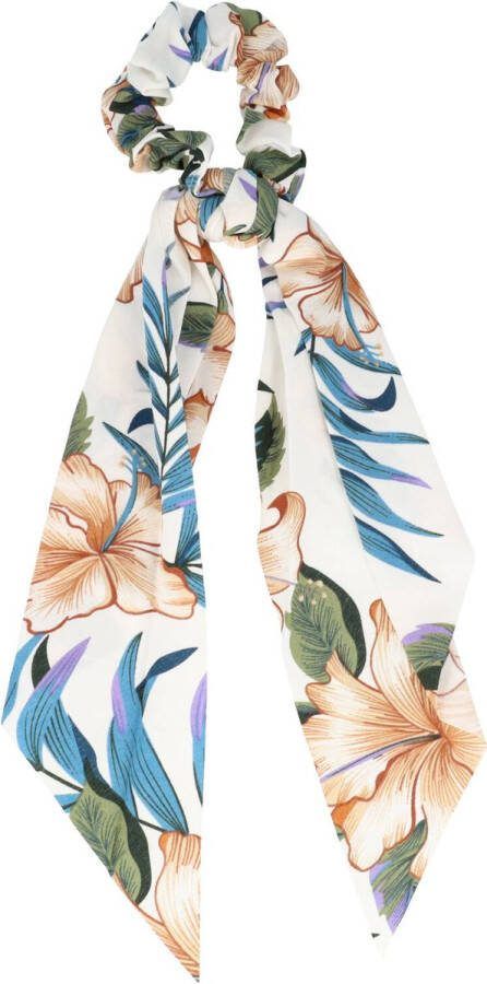 Haarsoires Scrunchie Haarelastiek Linten Tropische Bloemen Print Wit Haar Accessoire Elastiek Krinkel
