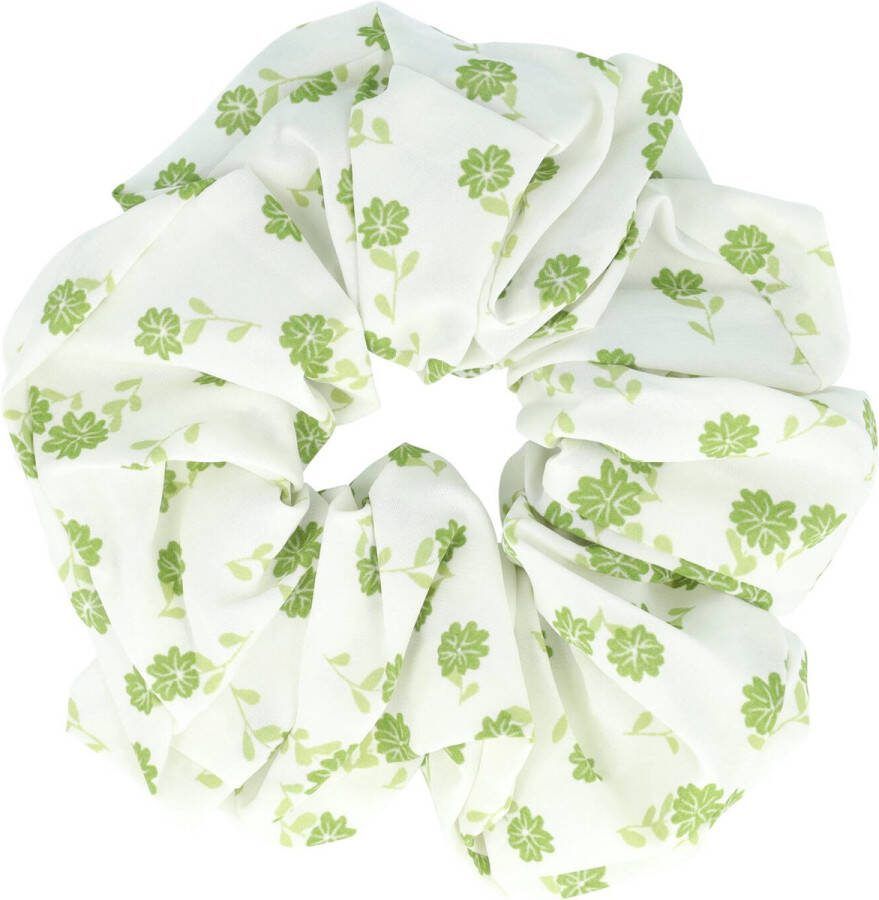 Haarsoires Scrunchie Haarelastiek XL Bloemen Print Wit Groen Haar Krinkel Elastiek