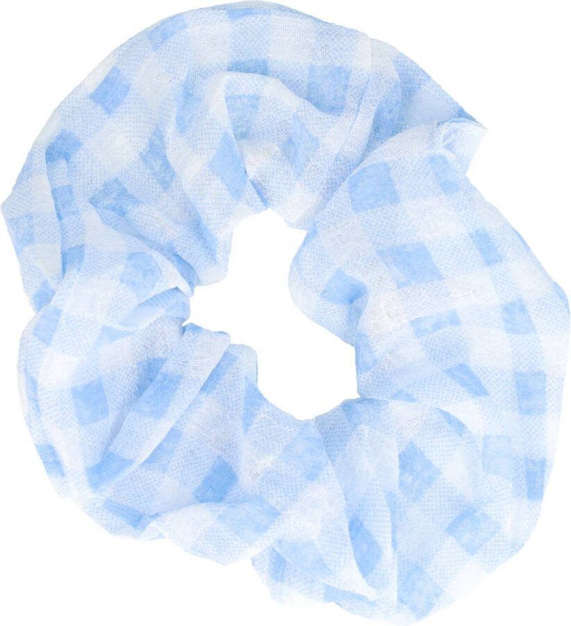Haarsoires Scrunchie Ruit Print Patroon Voile Stof Wit Blauw Haar Elastiek