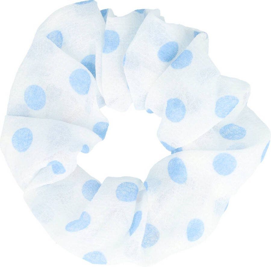 Haarsoires Scrunchie Stippen Print Patroon Voile Stof Wit Blauw Haar Elastiek