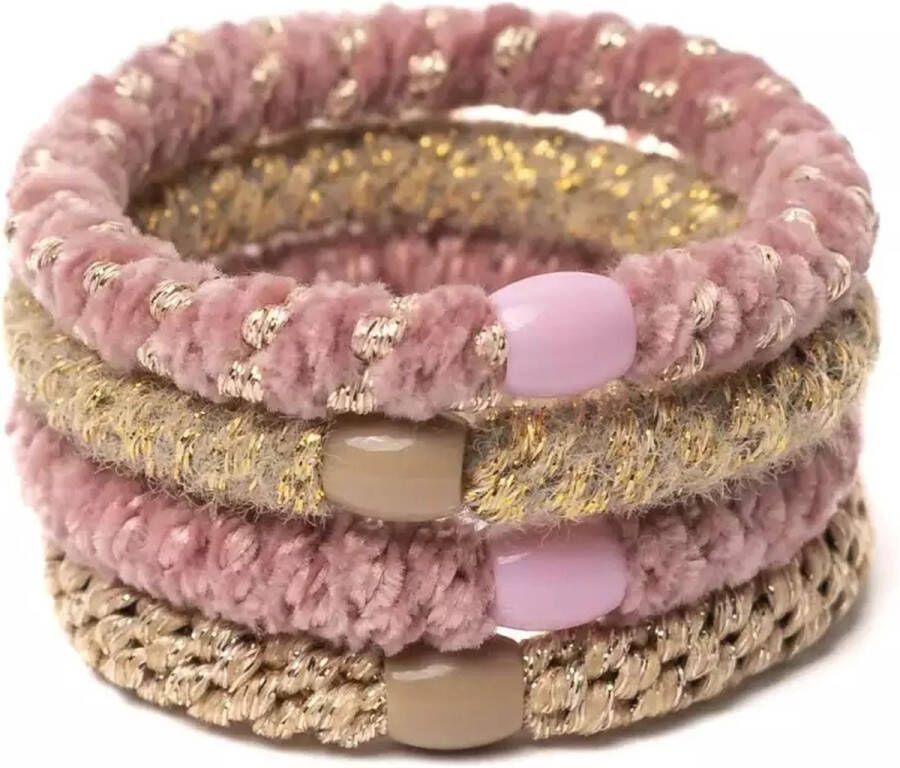 Haarspeldjes & zo Banditz haarelastiekjes en armbandjes 2 in 1 set van 4 elastiekjes gold roze velvet goud roze