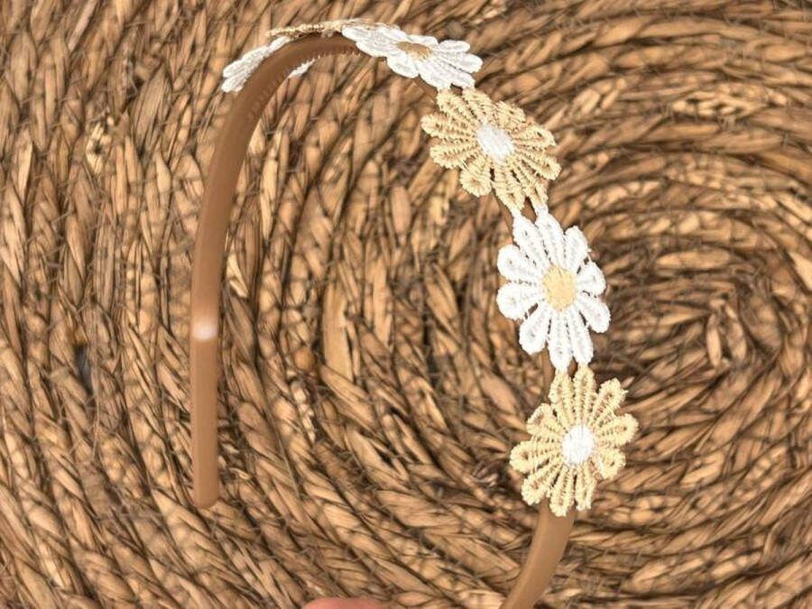 Haarspeldjes & zo Diadeem haarband madeliefjes taupe wit bloemen bloemetjes