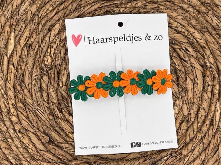 Haarspeldjes & zo Groen oranje madeliefjes op French Barrette carnaval haaraccessoires