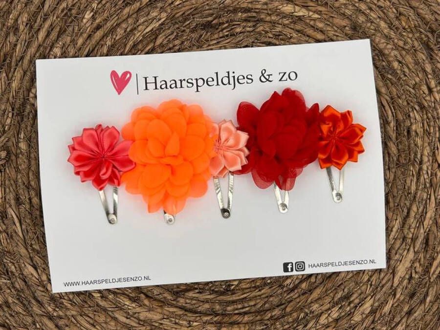 Haarspeldjes & zo Haarspeldje Belle Fleur setje 11 met bloemen glimmende stof koraaloranje oranje rood