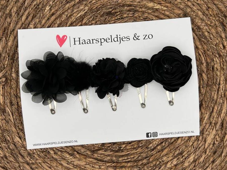 Haarspeldjes & zo Haarspeldje Belle Fleur setje 12 met bloemen glimmende stof zwart