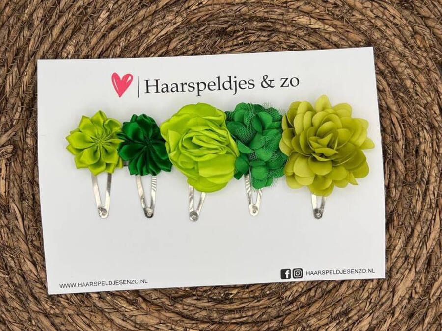 Haarspeldjes & zo Haarspeldje Belle Fleur setje 18 met bloemen glimmende stof lichtgroen donkergroen