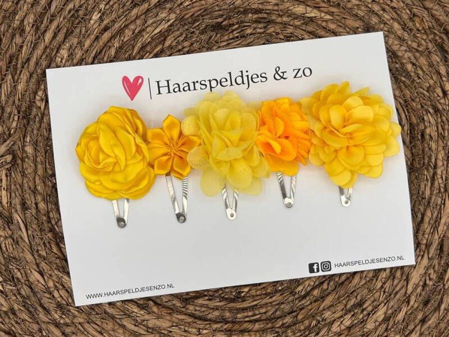 Haarspeldjes & zo Haarspeldje Belle Fleur setje 19 met bloemen glimmende stof geel