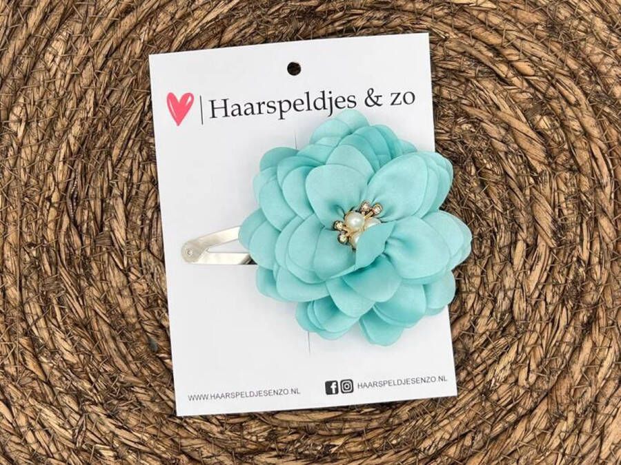 Haarspeldjes & zo Haarspeldje Belle Fleur setje 28 met bloemen glimmende stof aquablauw