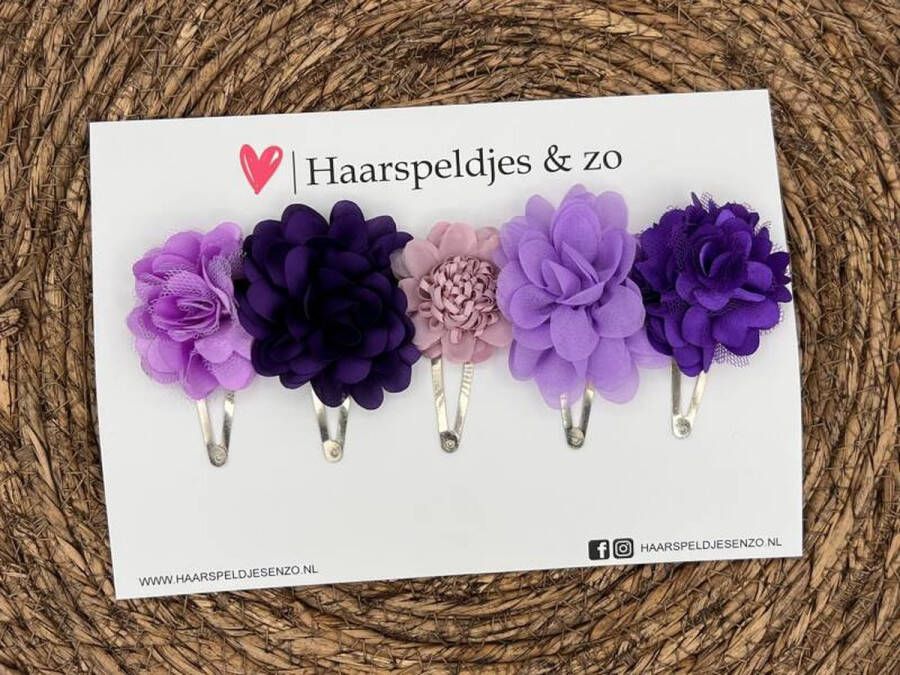 Haarspeldjes & zo Haarspeldje Belle Fleur setje 4 met bloemen glimmende stof lila paars