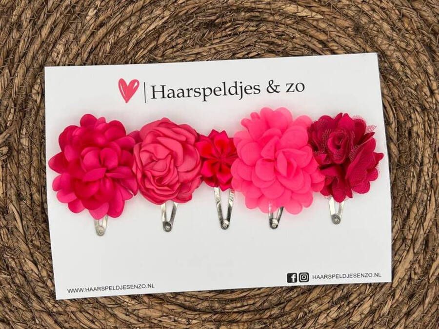 Haarspeldjes & zo Haarspeldje Belle Fleur setje 8 met bloemen glimmende stof roze