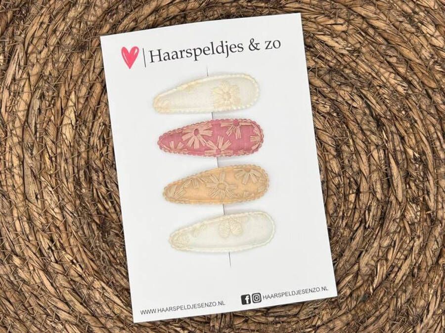 Haarspeldjes & zo Haarspeldje Flo setje 14 set van vier speldjes stof kant beige roze taupe