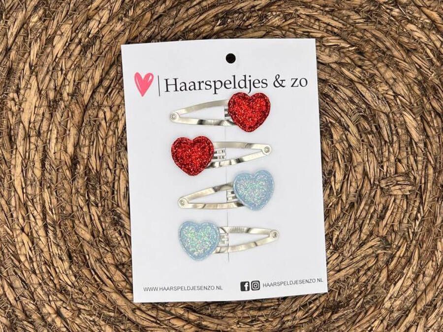 Haarspeldjes & zo Haarspeldje Hearts hart hartje glitters rood lichtblauw kerst feestdagen — 4 cm speldjes