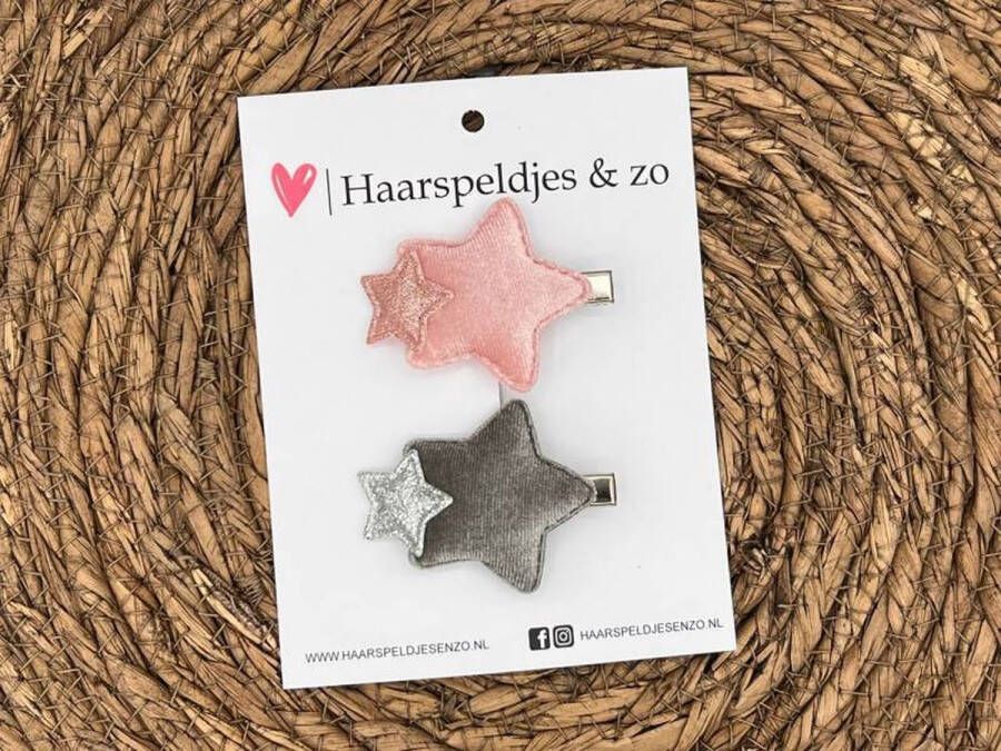 Haarspeldjes & zo Haarspeldje Stars mix combi op alligatorclip (groot) ster sterretje glitters en velvet rood roze grijs zilver kerst – feestdagen