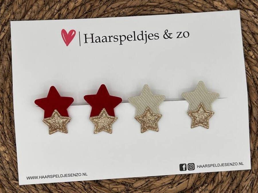 Haarspeldjes & zo Haarspeldje Stars mix combi op alligatorclip (klein) ster sterretje glitters en rib rood beige zilver kerst – feestdagen