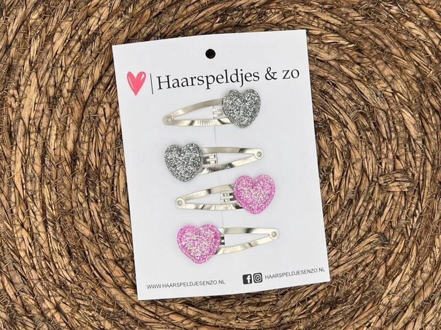Haarspeldjes & zo Haarspeldje Hearts hart hartje glitters zilver roze kerst feestdagen — 3 cm speldjes