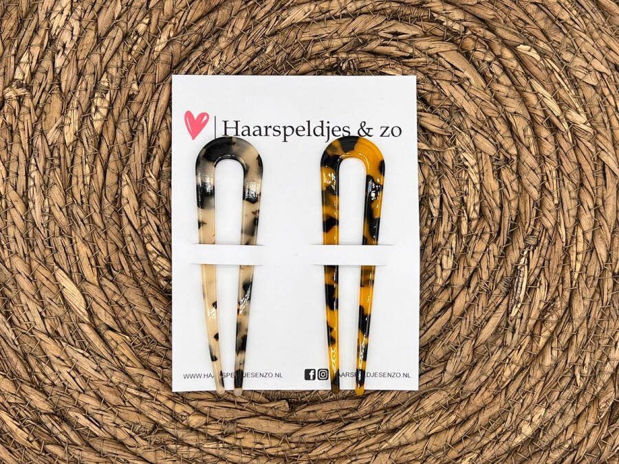 Haarspeldjes & zo Hair candy haarpin haarsieraad hairpin hairstick haar opsteken kunststof set van twee luipaard leopard bruin zwart grijs