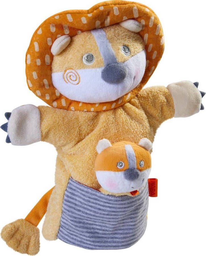 Haba handpop Leeuw met baby junior 30 x 22 cm polyester oranje