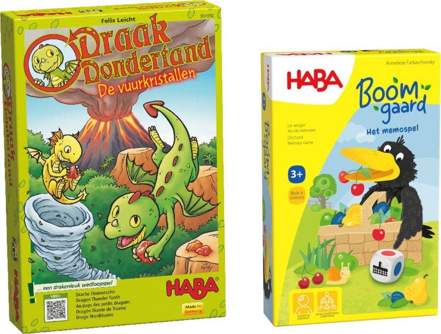 Haba Set van 2 spellen vanaf 3 jaar: Draak Dondertand: De Vuurkristallen Boomgaard Memospel