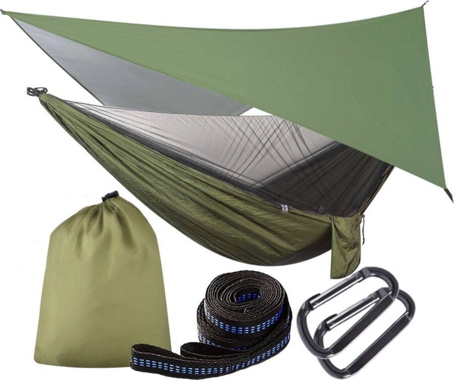 Hadli Hangmat met muggennet en tentzeil voor op reis camping hangmat outdoor belastbaar tot 200 kg ultralicht ademend voor outdoor wandelen reizen 290 cm x 140 cm (legergroen)