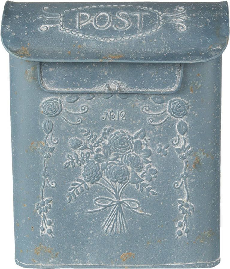 HAES deco Brievenbus vintage blauw metaal met bloemen en tekst POST formaat 26x11x31 cm
