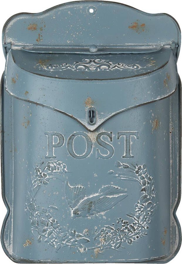 HAES deco Brievenbus vintage blauw metaal met Vogel bedrukt en tekst POST formaat 26x8x39 cm
