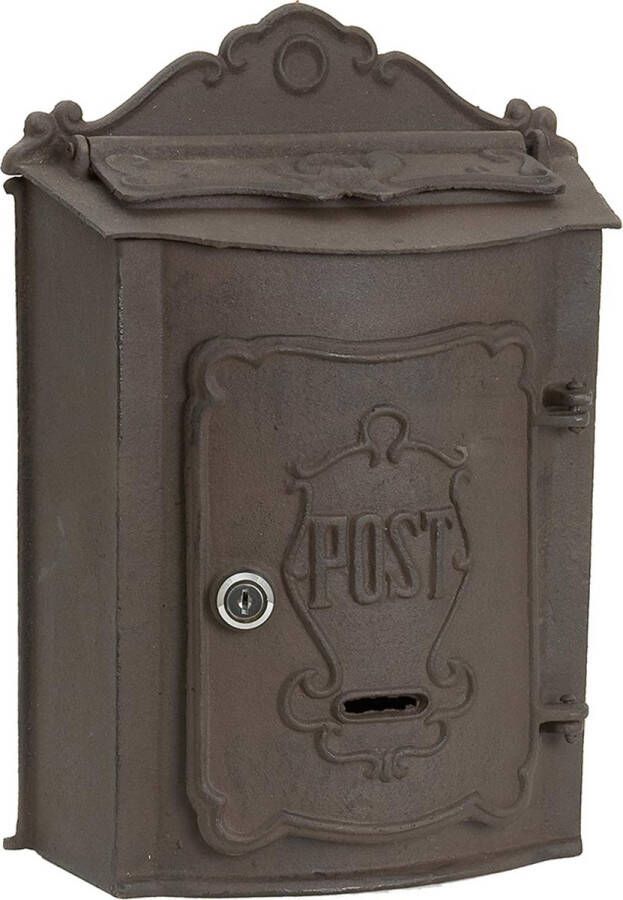 HAES deco Brievenbus vintage bruin metaal met ornamenten en tekst POST met slot formaat 27x11x37 cm