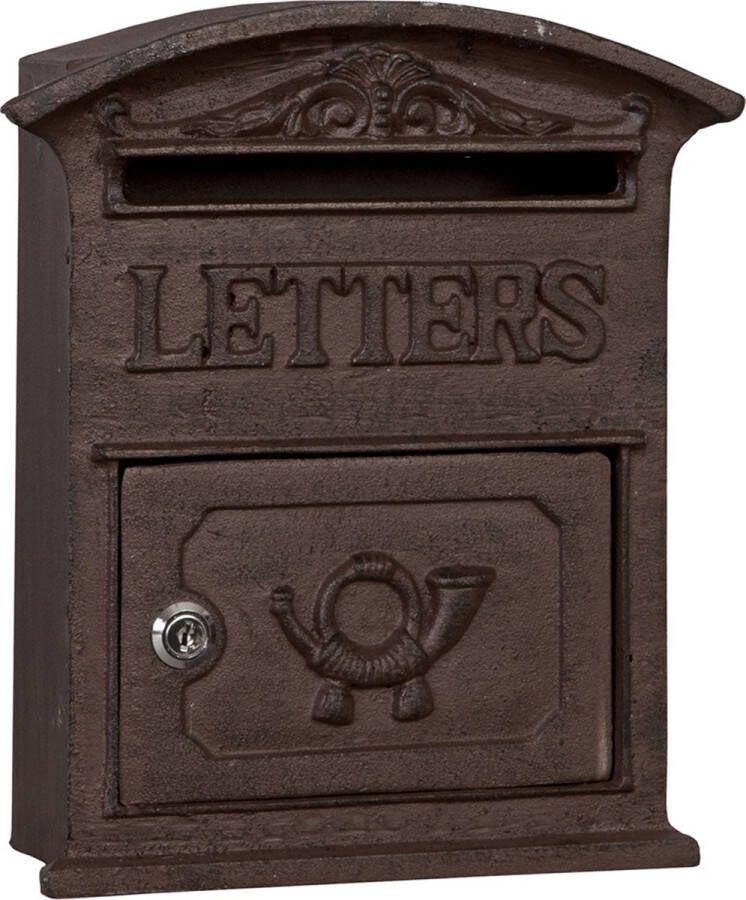 HAES deco Brievenbus vintage bruin metaal met Posthoorn en tekst LETTERS met slot formaat 27x9x31 cm