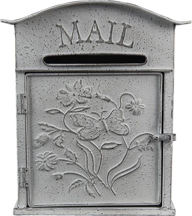 HAES deco Brievenbus vintage grijs metaal met bloemen en vlinder en tekst MAIL formaat 26x10x31 cm