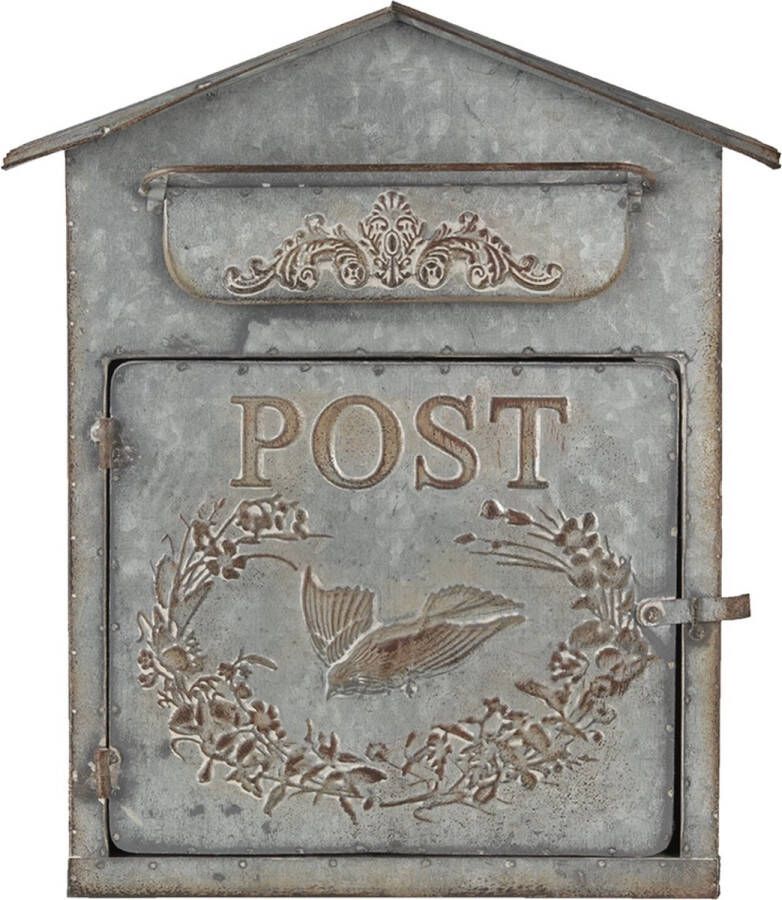HAES deco Brievenbus vintage grijs metaal met Vogeltje en tekst POST formaat 31x12x36 cm