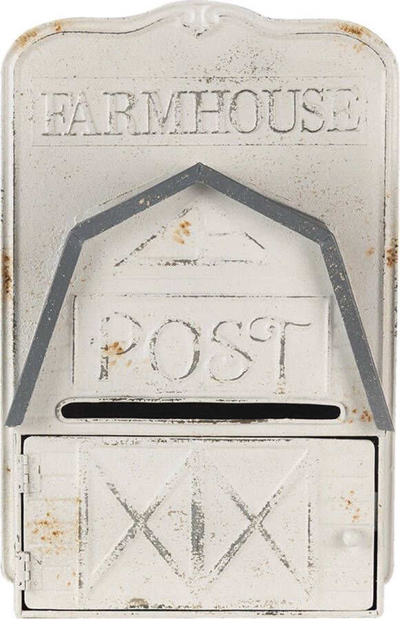 HAES deco Brievenbus vintage wit metaal in de vorm van een schuur met de tekst FARMHOUSE POST formaat 26x12x39 cm