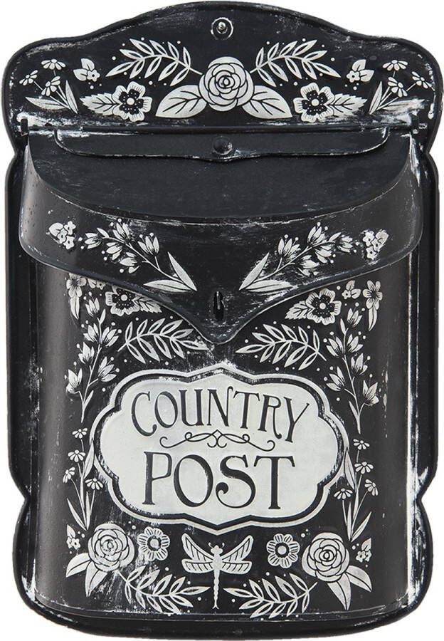 HAES deco Brievenbus vintage zwart metaal met witte bloemen bedrukt en tekst COUNTRY POST formaat 26x10x35 cm