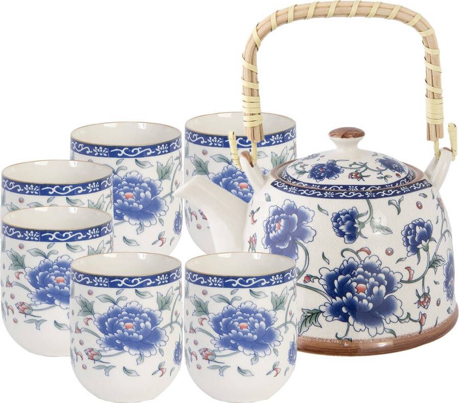 HAES deco Chinese Thee set Theepot met 6 kleine kopjes Porselein Grote Blauwe Bloemen Theepot 700 ml en 6 mokken van 100 ml Traditioneel Theeservies