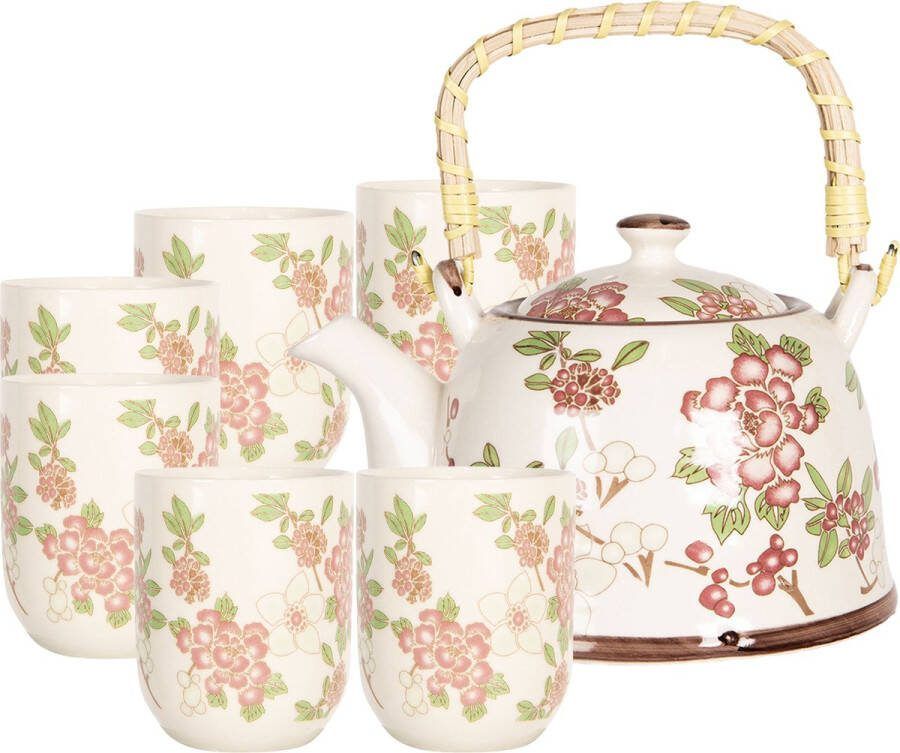 HAES deco Chinese Thee set Theepot met 6 kleine kopjes Porselein Roze Bloemen Theepot 800 ml en 6 mokken van 100 ml Traditioneel Theeservies