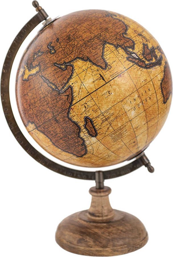 HAES deco Decoratieve Wereldbol met bruin houten voet formaat 22x37cm kleuren Oranje Beige Bruin Vintage Wereldbol Globe Aarbol