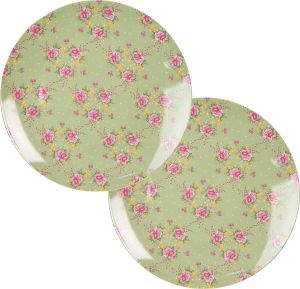 HAES deco Dinerborden set van 2 Formaat Ø 26x2 cm kleuren Grijs|Roze|Groen Bedrukt Porselein Collectie: Cheerful Birdie Servies grote borden