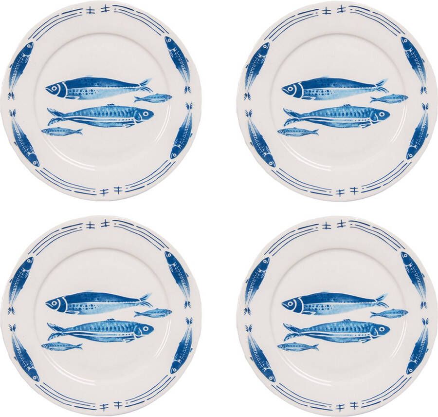 HAES deco Dinerborden set van 4 Formaat Ø 26x2 cm Kleur Wit Bedrukt Porselein Collectie: Fishy Blue Servies grote borden