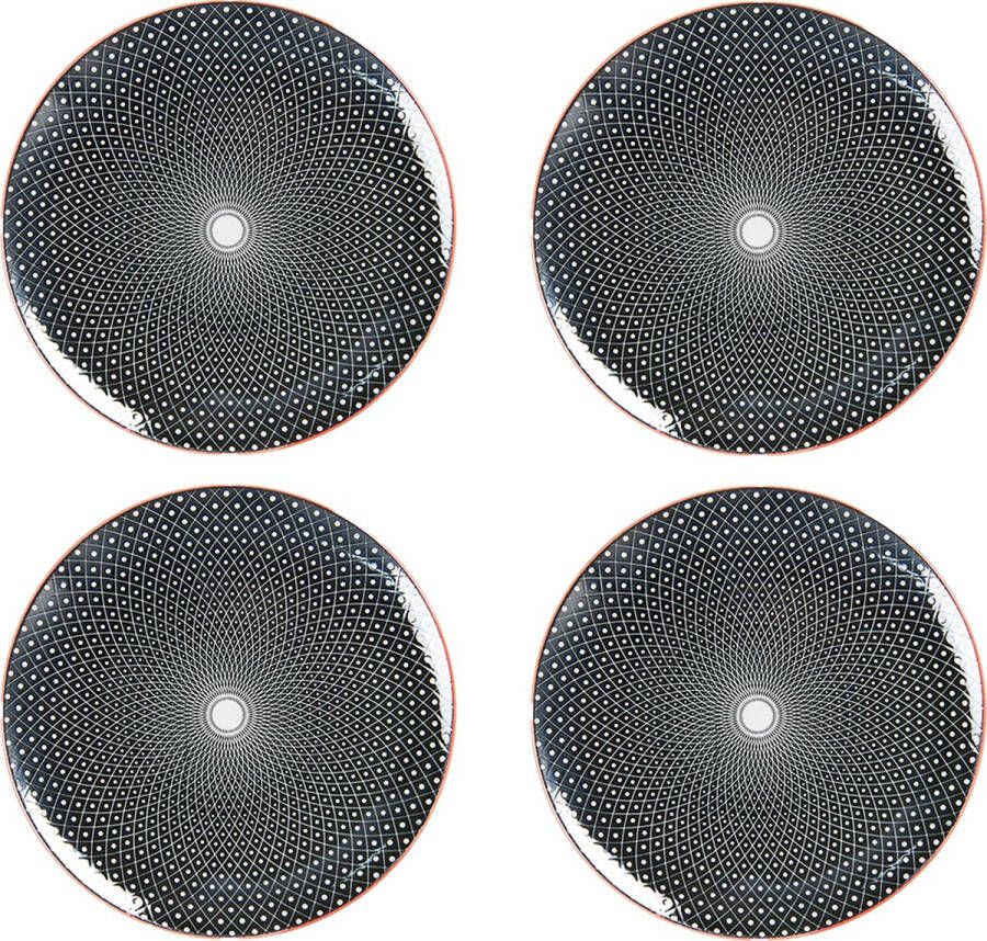 HAES deco Dinerborden set van 4 Formaat Ø 26x2 cm Kleur Zwart Bedrukt Keramiek Collectie: Black Spiral Servies grote borden
