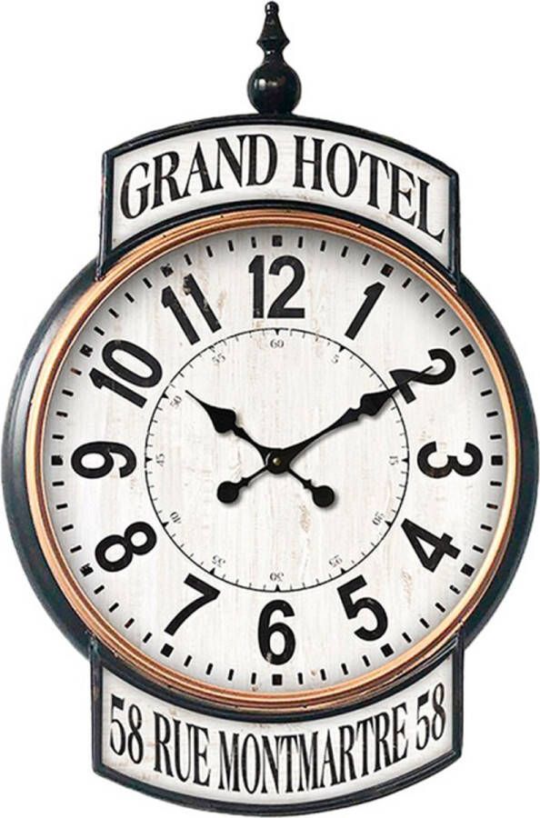 HAES deco Grote Wandklok 62x93 cm Vintage Wit Zwart met bedrukking GRAND HOTEL Wijzerplaat met Cijfers Metalen Klok Muurklok Hangklok Keukenklok