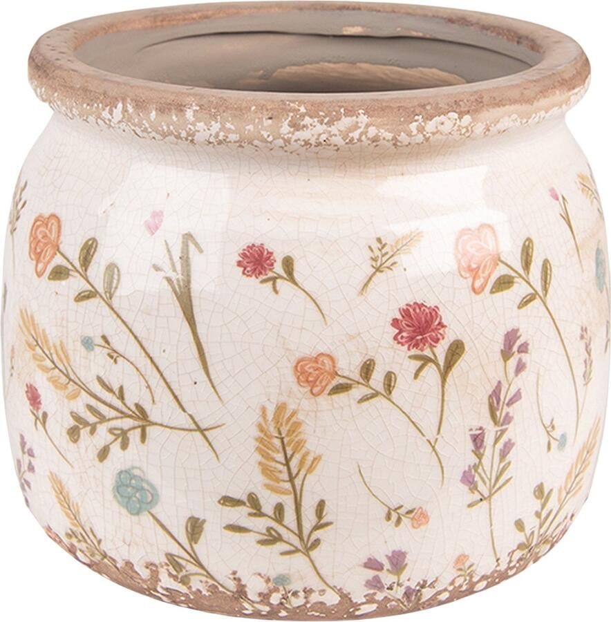 Clayre & Eef Bloempot Ø 20x15 Cm Roze Groen Keramiek Bloemen Bloempot Binnen Plantenpot Plant Pot Roze Bloempot Binnen