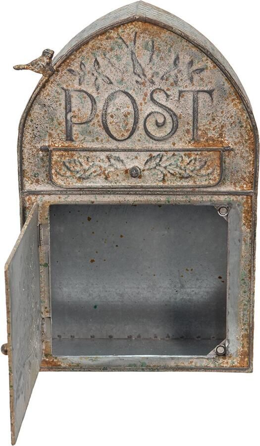 HAES deco Brievenbus vintage grijs metaal met Vogeltje en tekst POST formaat 25x10x40 cm