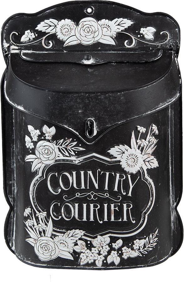 HAES deco Brievenbus vintage zwart metaal met witte bloemen bedrukt en tekst COUNTRY COURIER formaat 26x10x35 cm