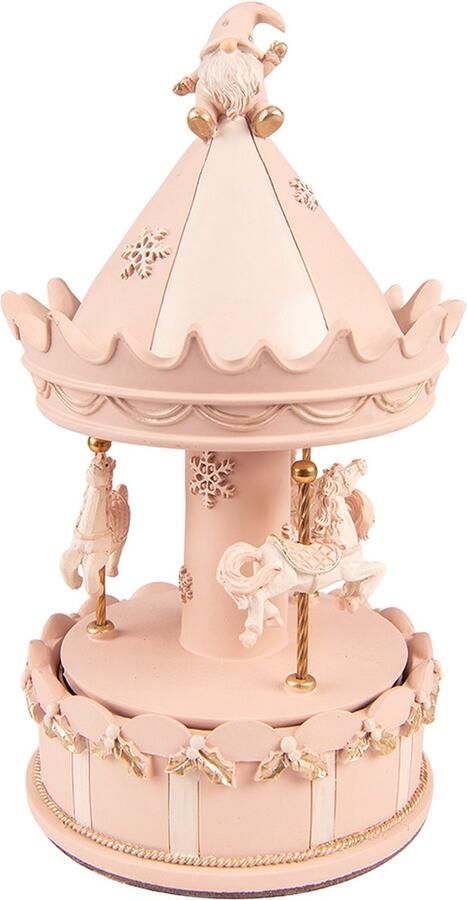 HAES deco Muziekdoos Draaimolen Formaat Ø 11x20 cm Kleur Roze Materiaal Polyresin Kerst Figuur Kerstdecoratie