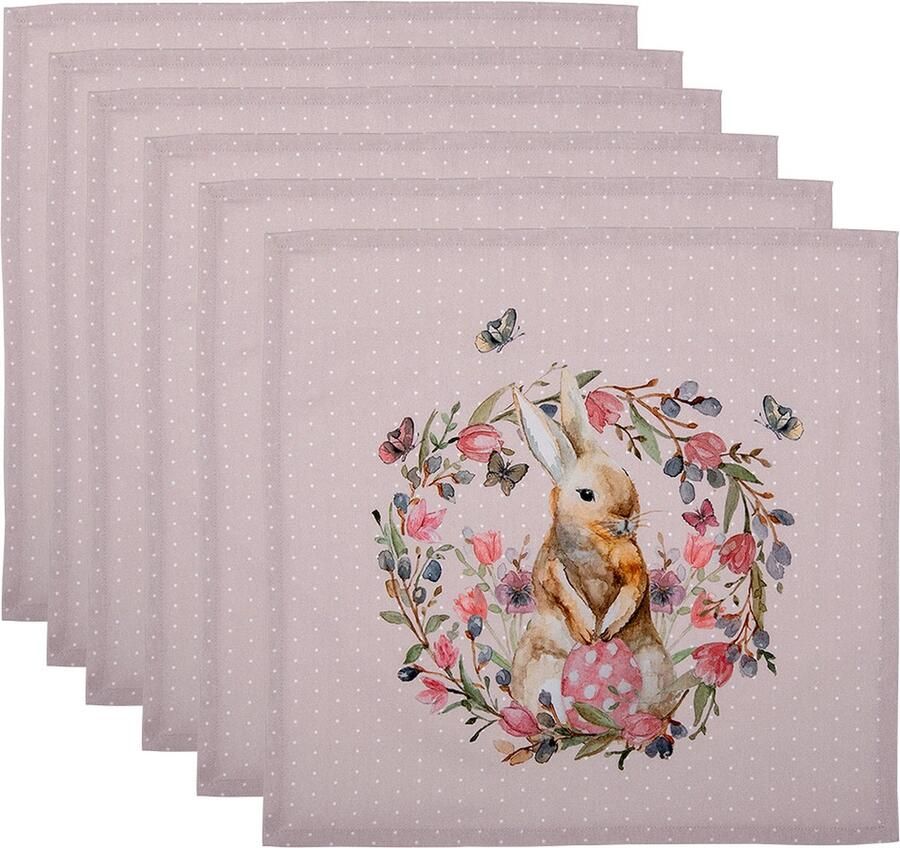 HAES deco Set van 6 Servetten (Textiel) formaat 40x40 cm kleuren Beige Rose van 100% Katoen Collectie: Happy Bunny